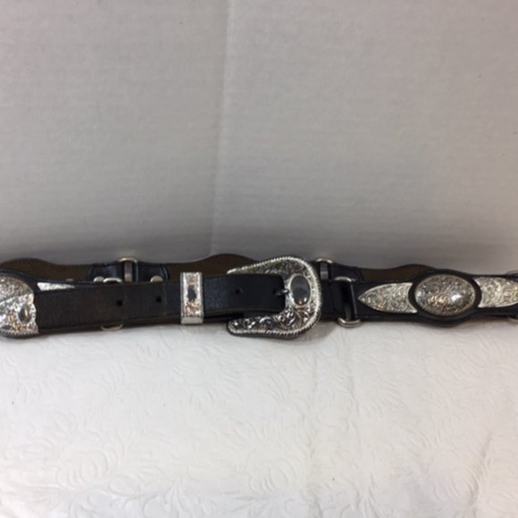 Vintage Nadim USA Silver Plated Medallions Western Black Rodeo Leather Belt main image 13